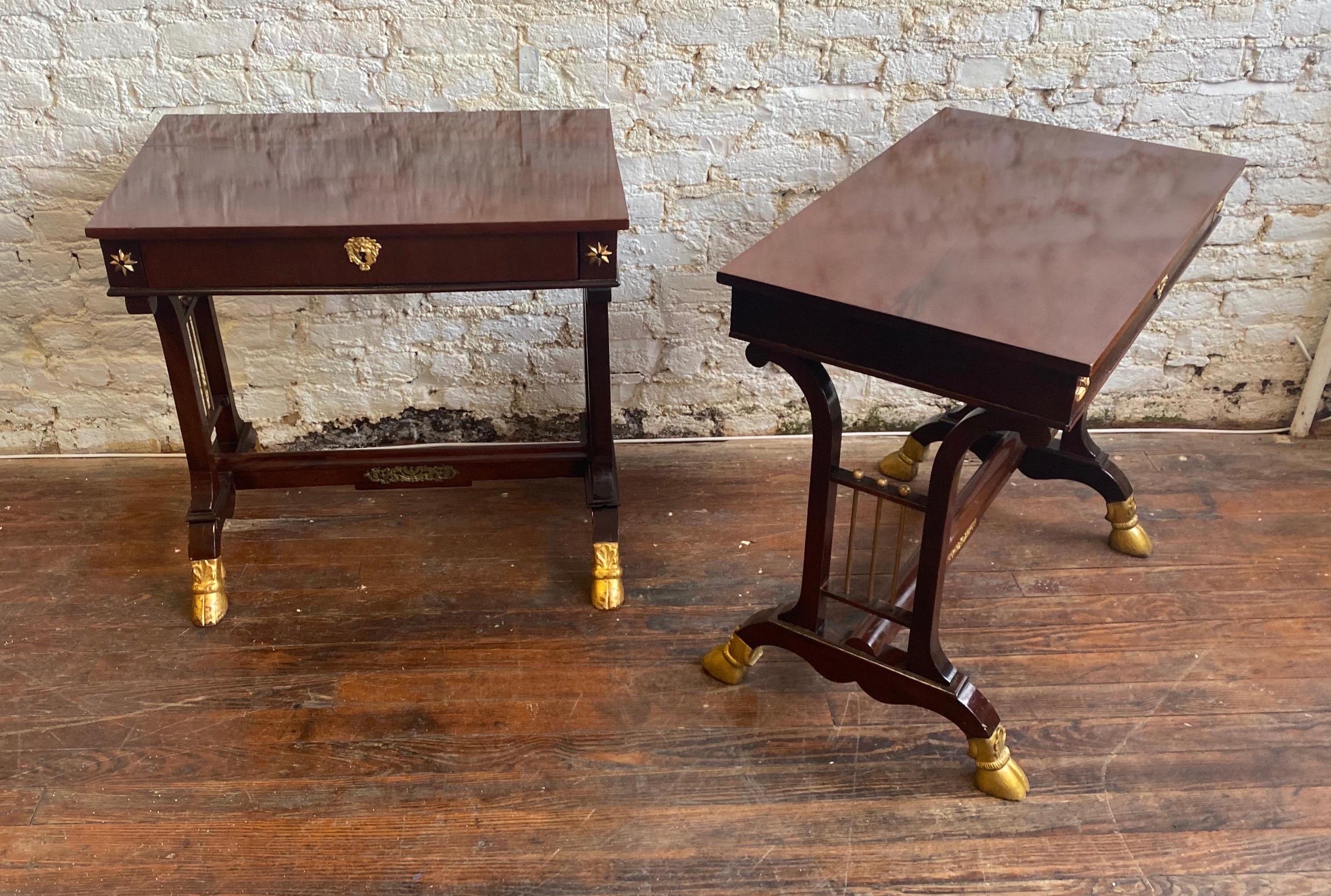 European Pair of 19th Century Neoclassical Mahogany Side Tables with Hoof Feet For Sale