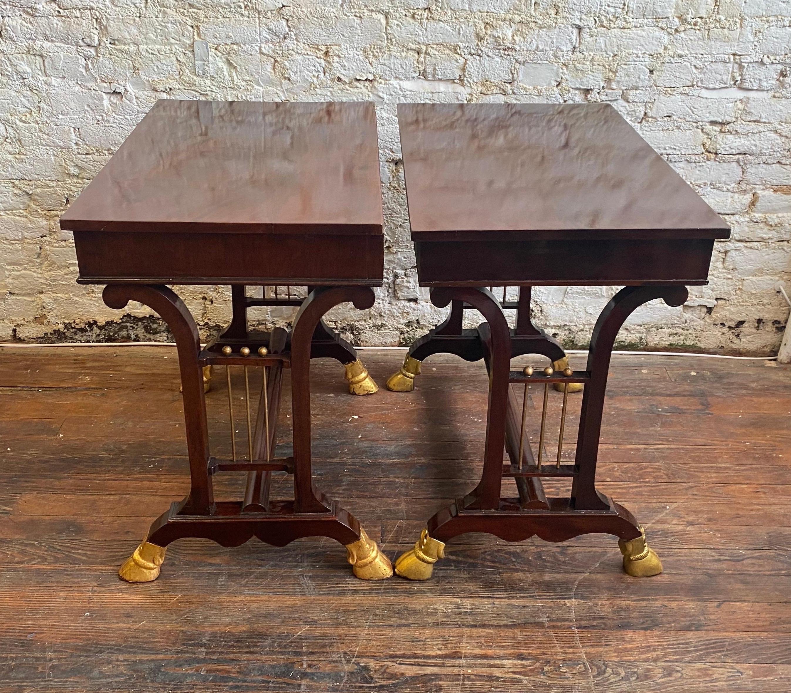 Bronze Pair of 19th Century Neoclassical Mahogany Side Tables with Hoof Feet For Sale