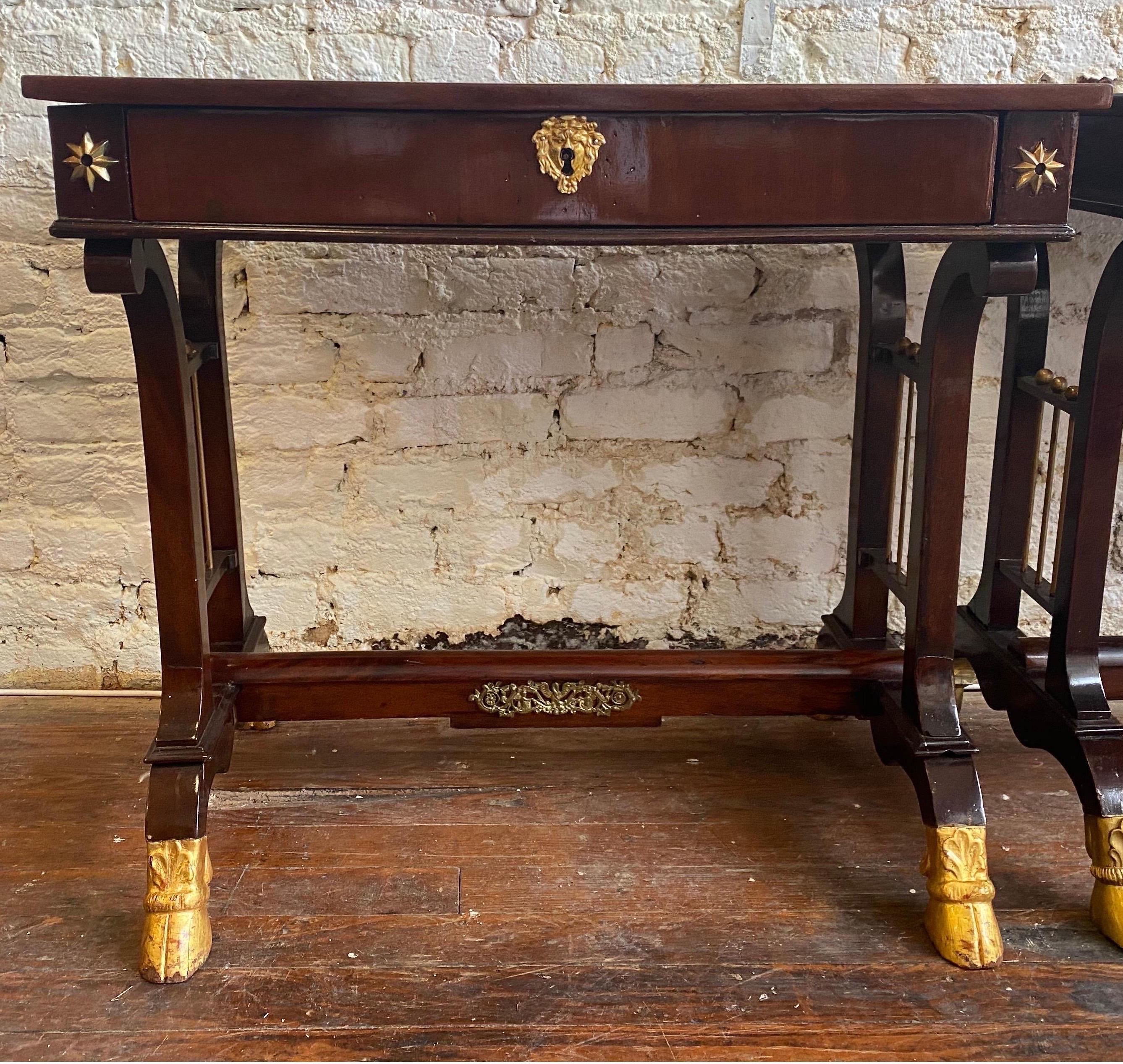 Pair of 19th Century Neoclassical Mahogany Side Tables with Hoof Feet For Sale 1