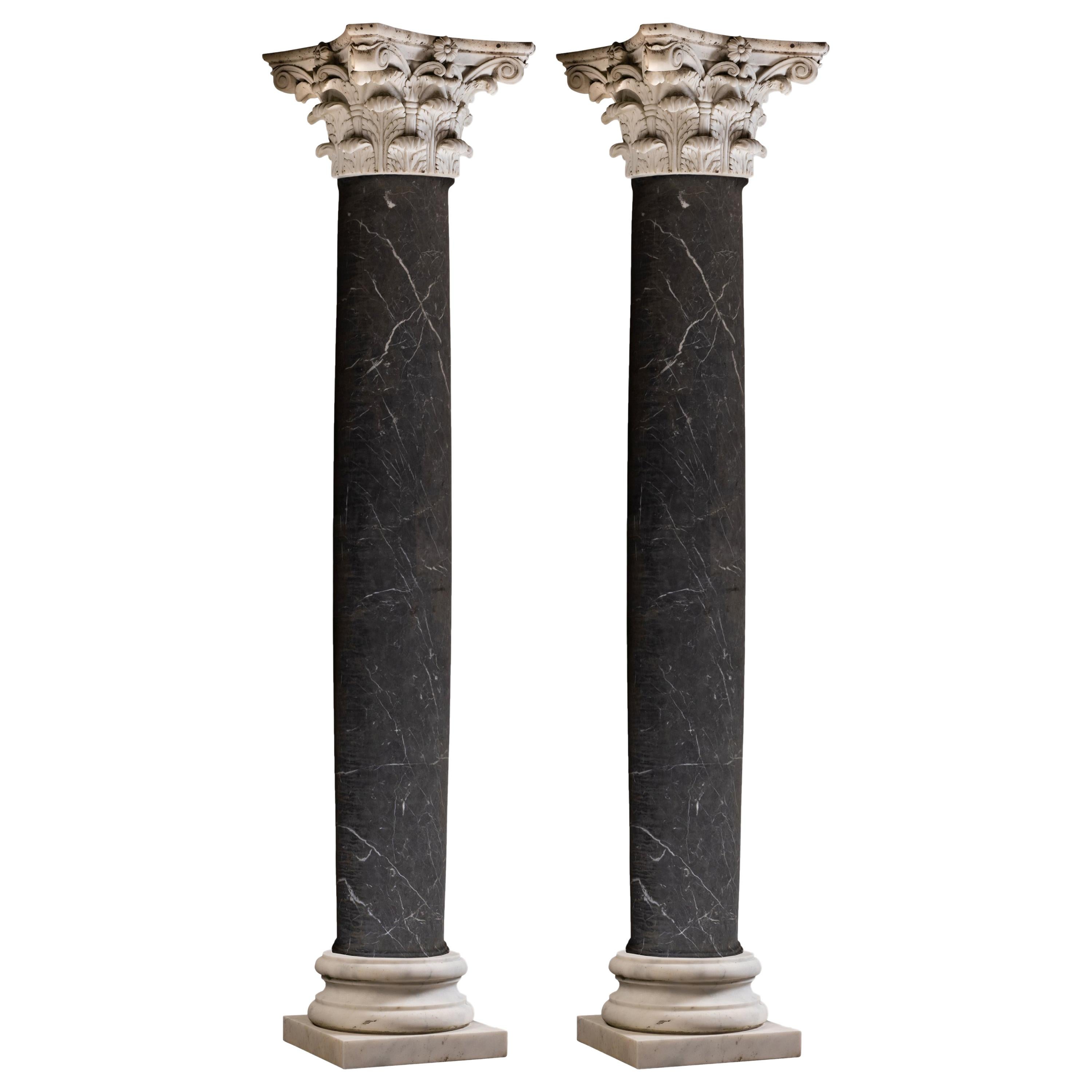 Pair 19th Century Neoclassical Nero Marquina Marble Columns  For Sale
