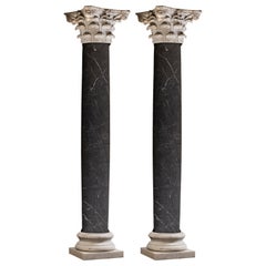 Pair 19th Century Neoclassical Nero Marquina Marble Columns