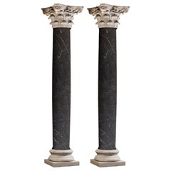 Pair 19th Century Neoclassical Nero Marquina Marble Columns 