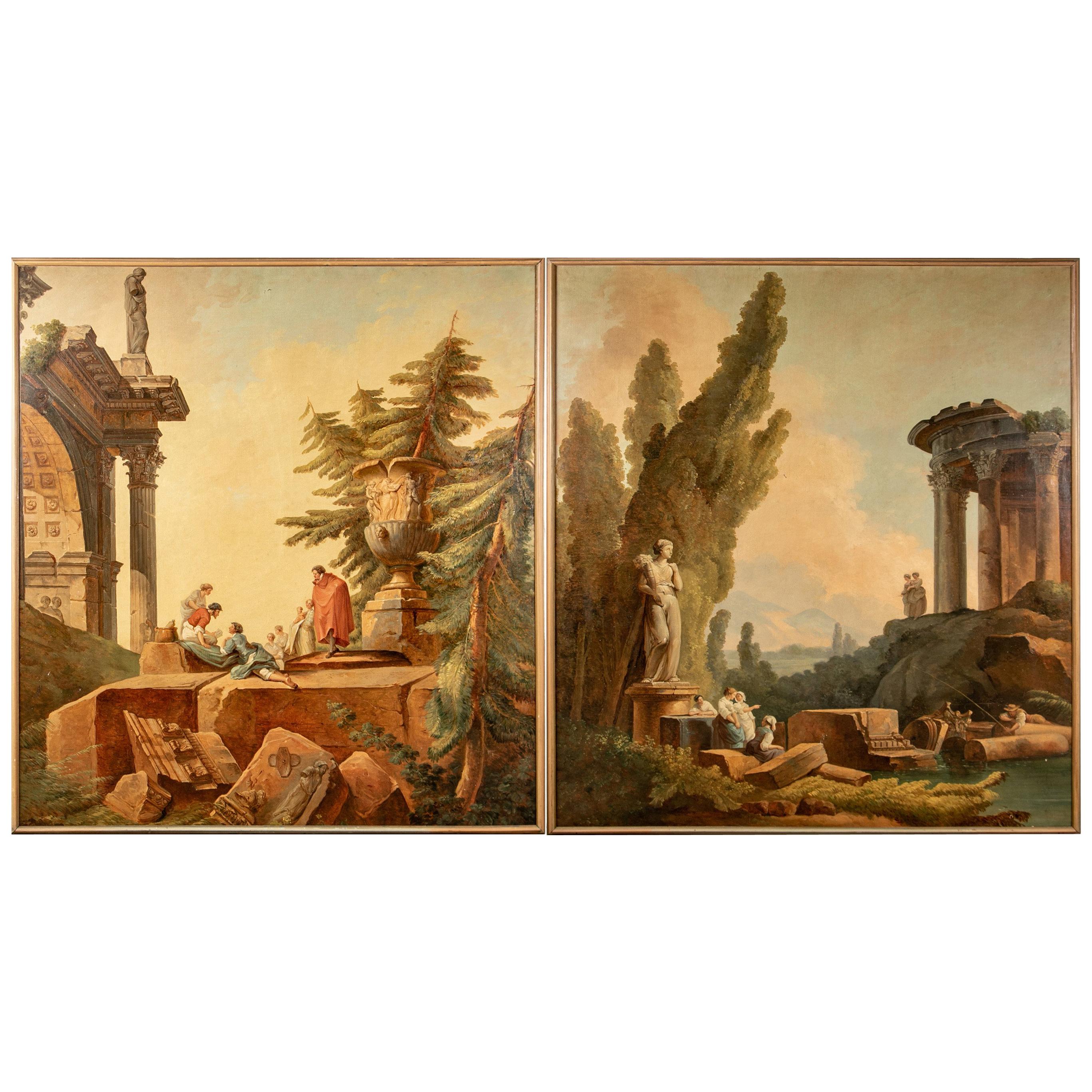 Pair of 19th Century Neoclassical Oil on Canvas Framed Panels