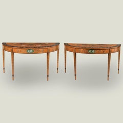 Pair of 19th Century Neoclassical Painted Satinwood Demilune Console Tables