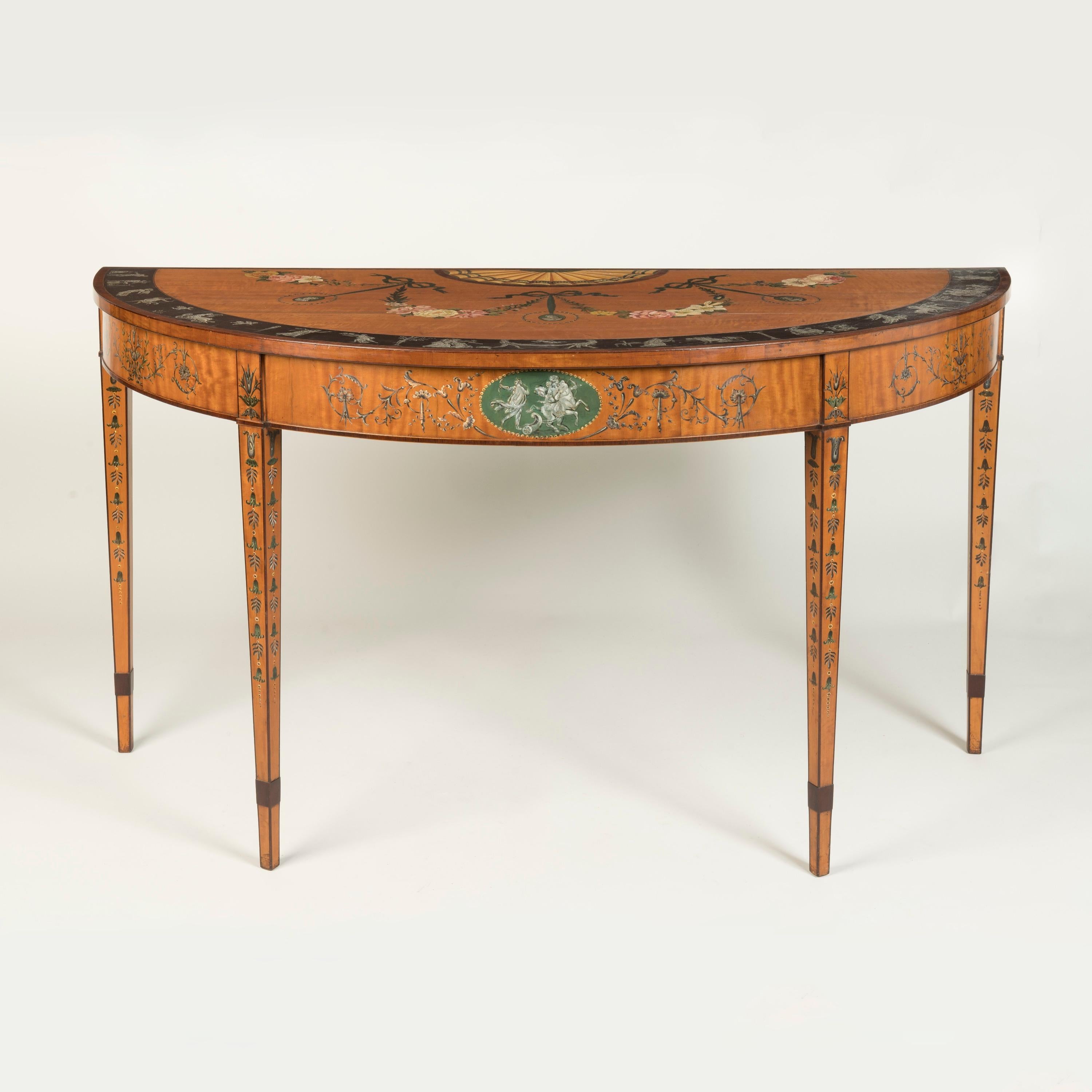Hand-Painted Pair of 19th Century Neoclassical Painted Satinwood Demilune Console Tables For Sale