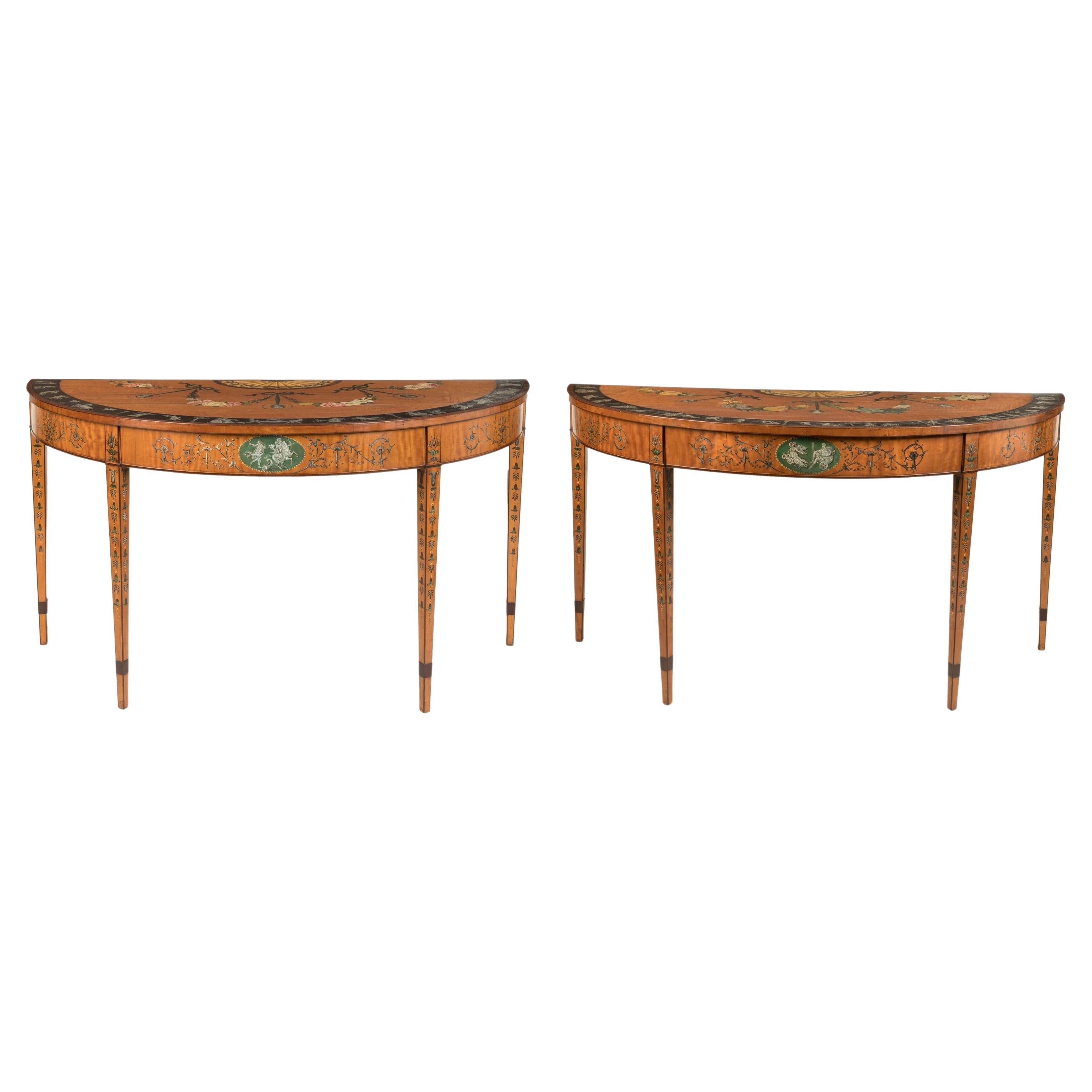 Pair of 19th Century Neoclassical Painted Satinwood Demilune Console Tables