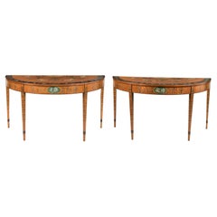 Antique Pair of 19th Century Neoclassical Painted Satinwood Demilune Console Tables