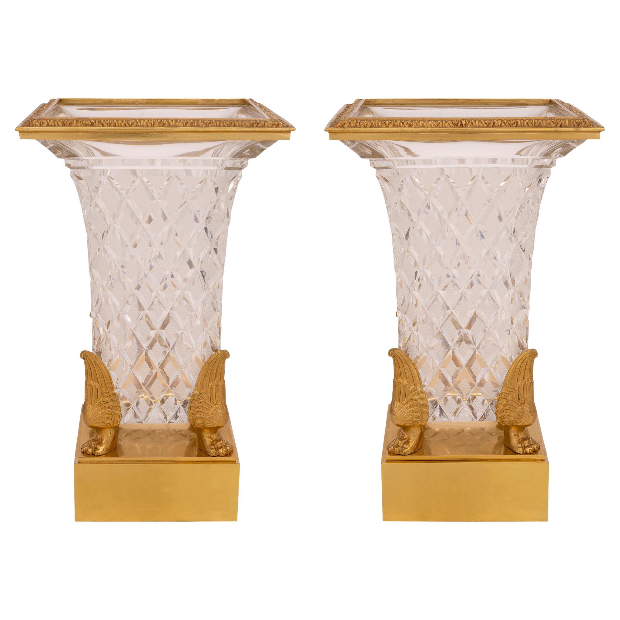 Pair of 19th Century Neoclassical Style Baccarat Crystal and Ormolu Vases For Sale
