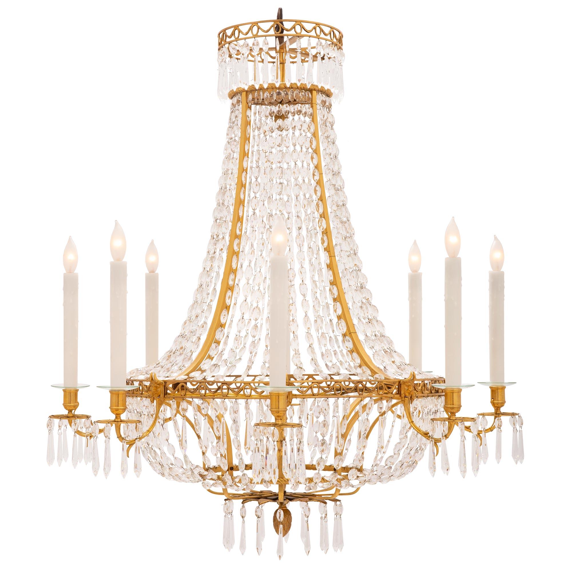 A stunning and very high quality pair of Baltic 19th century Neo-Classical st. ormolu and crystal chandeliers. Each eight arm chandelier is centered by a charming richly chased bottom ormolu acorn finial below fine leaves adorned with prism shaped