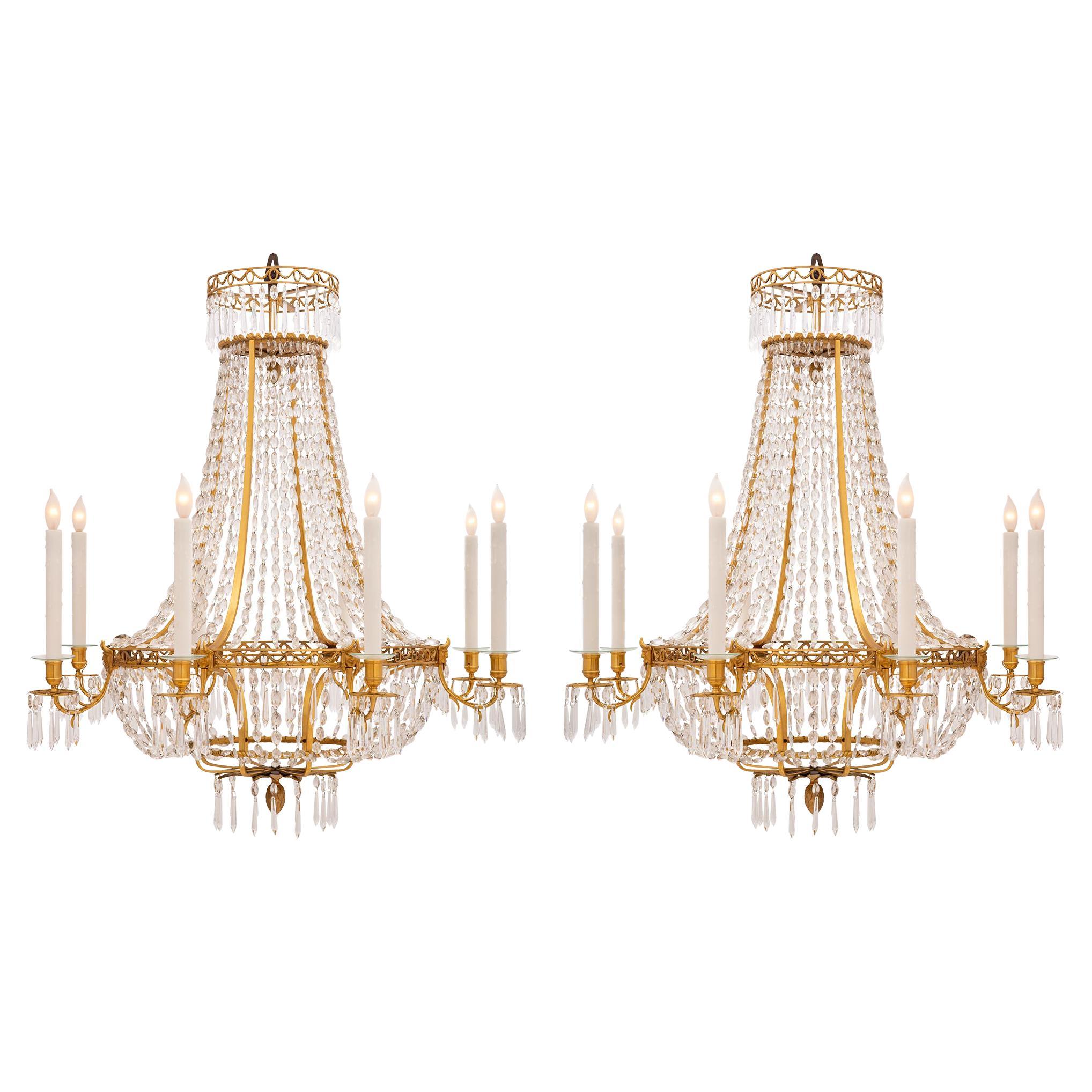 Pair of 19th Century Neoclassical Style Ormolu and Crystal Chandeliers