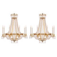 Pair of 19th Century Neoclassical Style Ormolu and Crystal Chandeliers