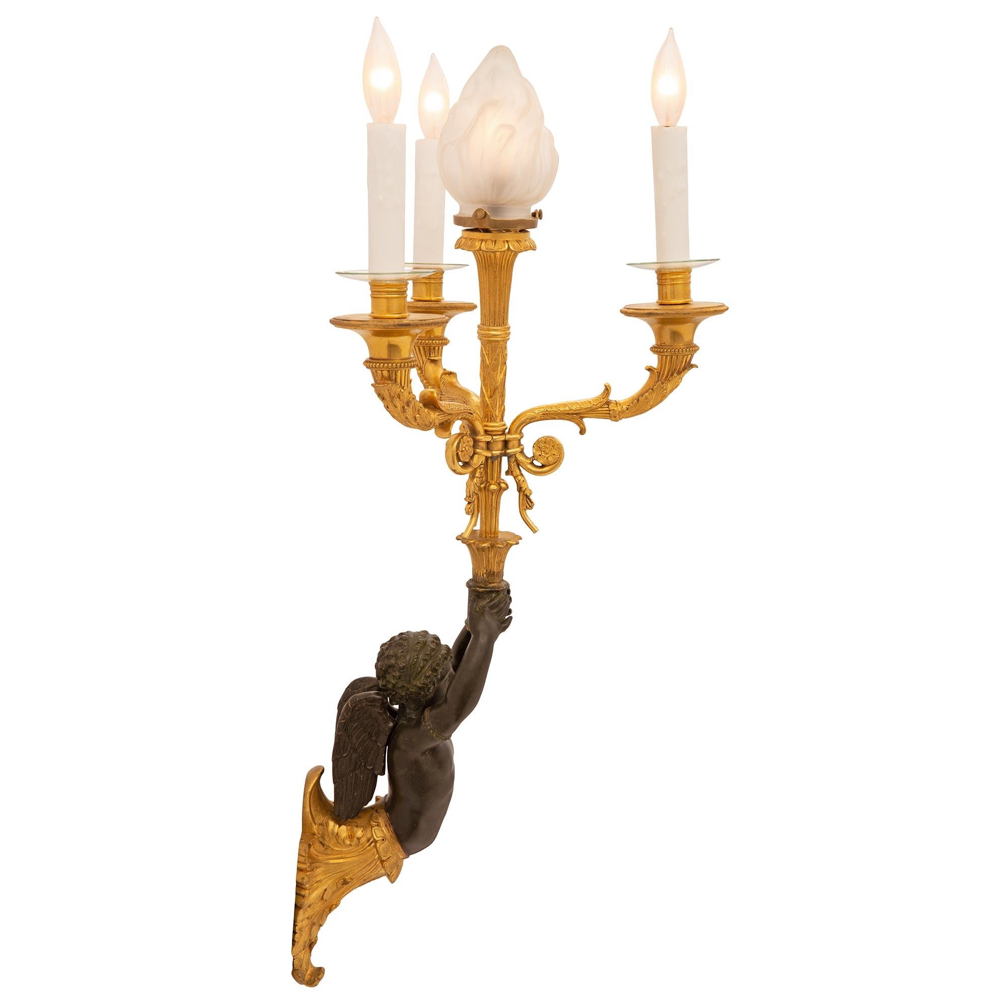 French Pair of 19th Century Neoclassical Style Ormolu and Patinated Bronze Sconces For Sale