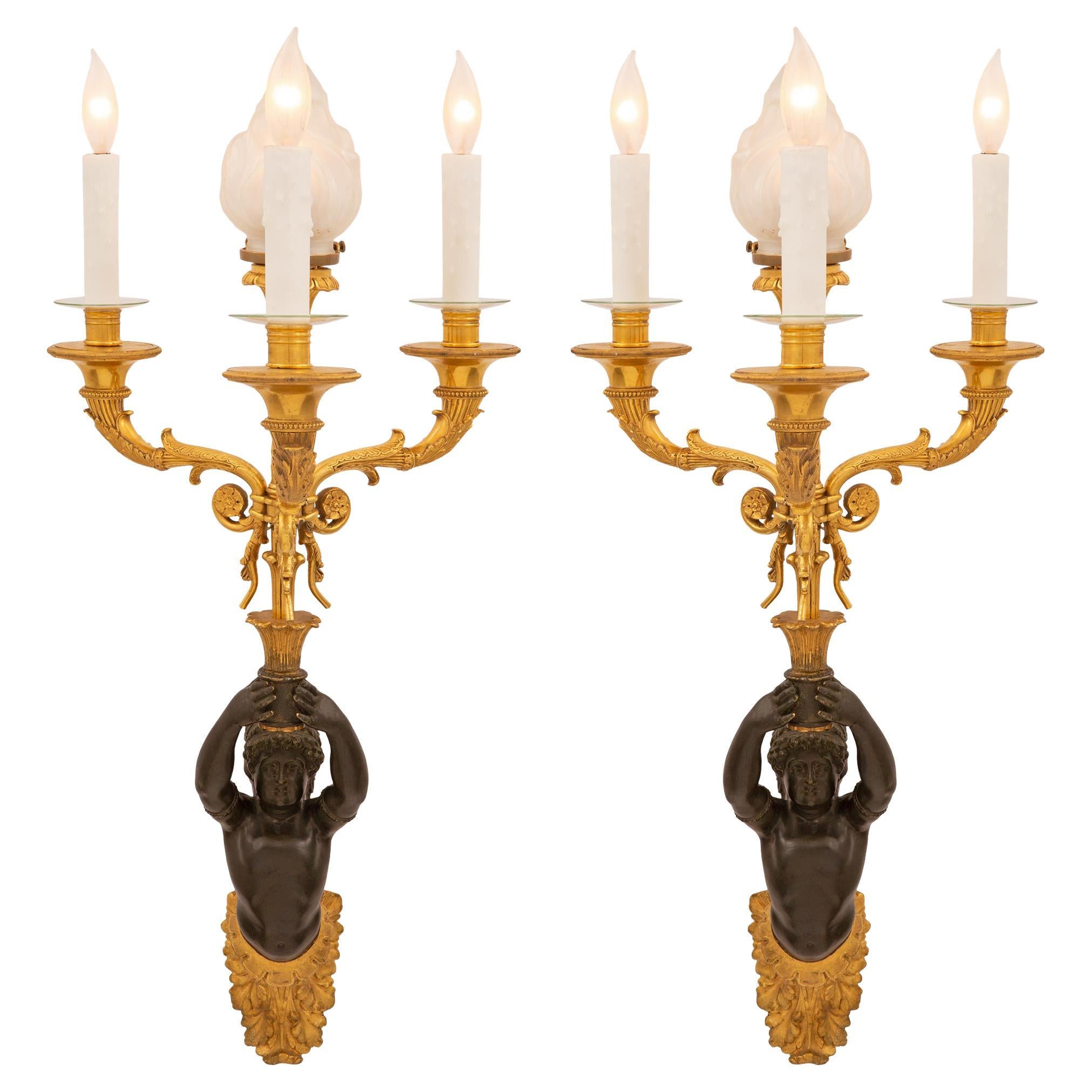 Pair of 19th Century Neoclassical Style Ormolu and Patinated Bronze Sconces For Sale