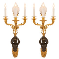 Pair of 19th Century Neoclassical Style Ormolu and Patinated Bronze Sconces