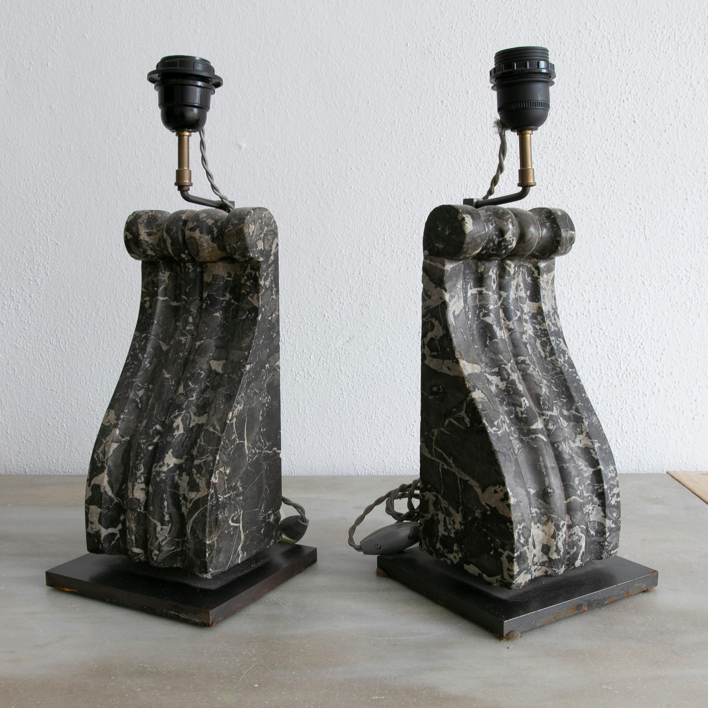 Antique pair of 19th century Nero Portoro black marble corbels turned into table Lamps. 

 