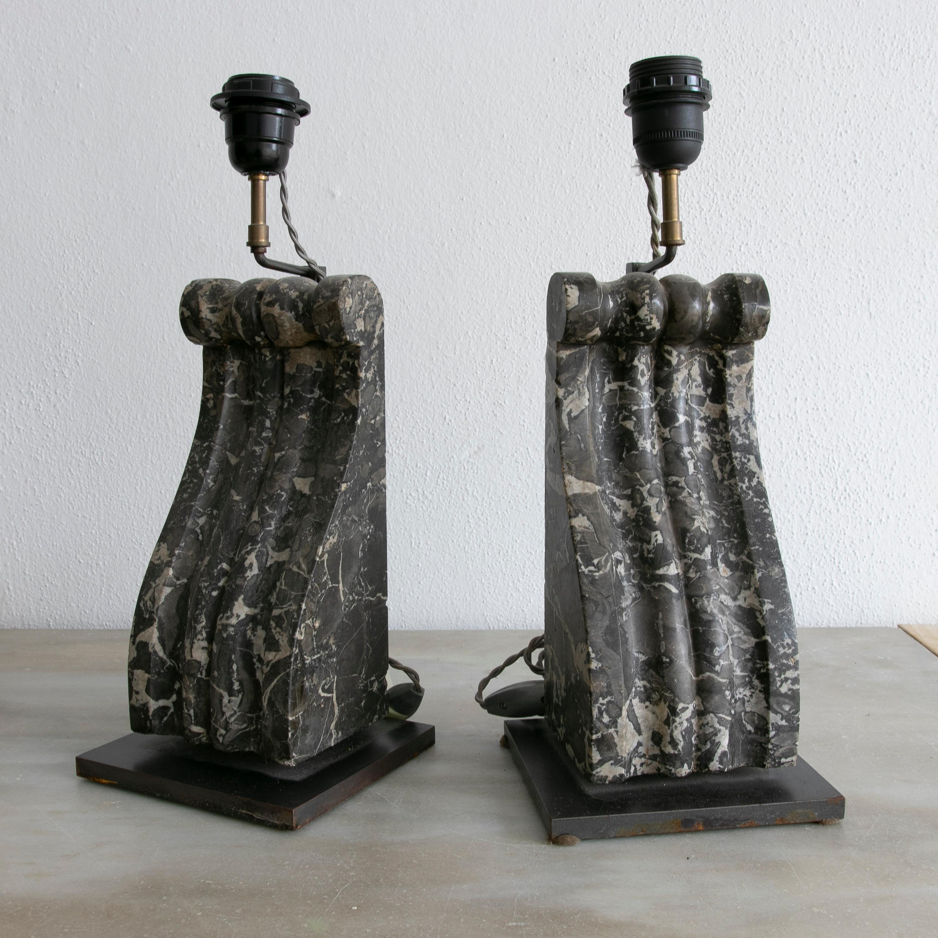 Italian Pair of 19th Century Nero Portoro Black Marble Corbels Turned into Table Lamps  For Sale