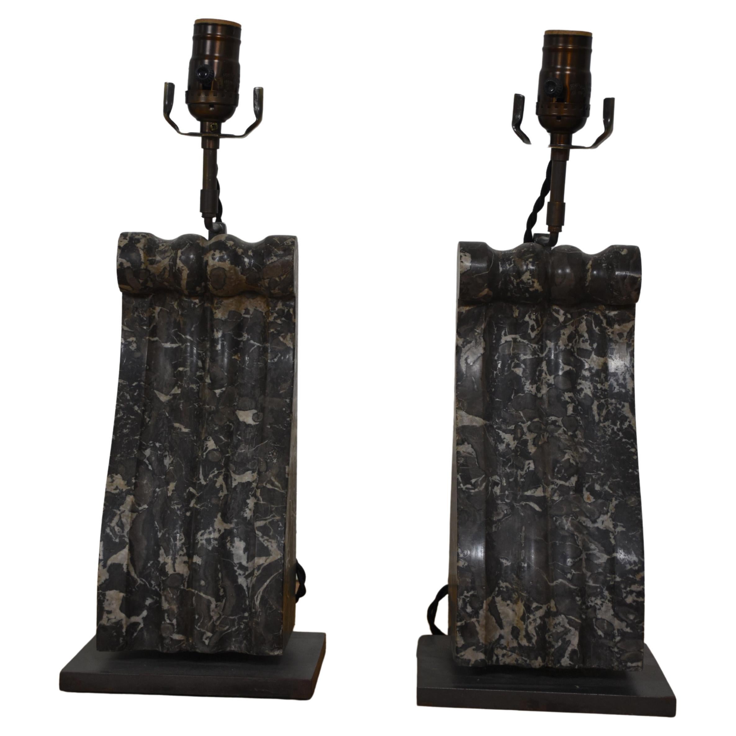 Pair of 19th Century Nero Portoro Black Marble Corbels Turned into Table Lamps