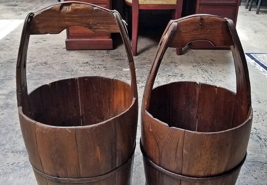 Country Pair of 19th Century Oak and Iron Banded Water Buckets or Pails