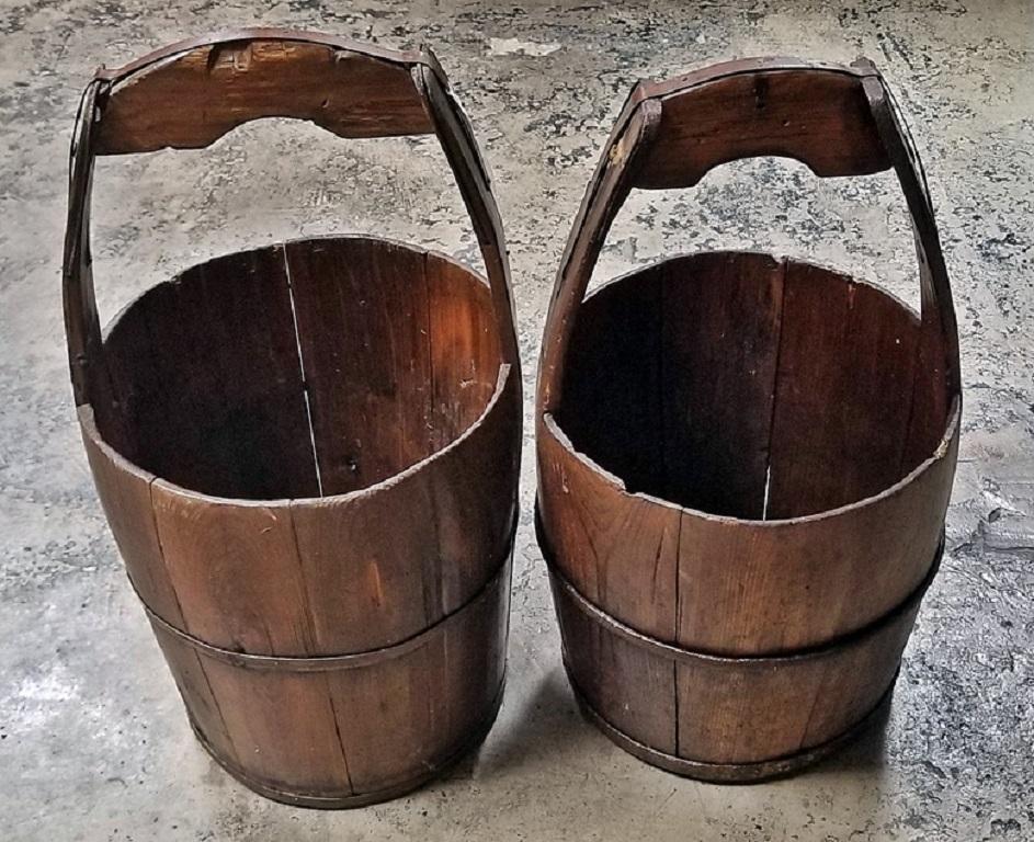 Hand-Crafted Pair of 19th Century Oak and Iron Banded Water Buckets or Pails