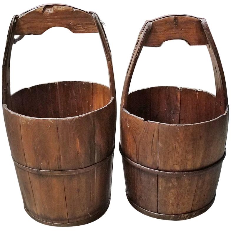 Pair of 19th Century Oak and Iron Banded Water Buckets or Pails