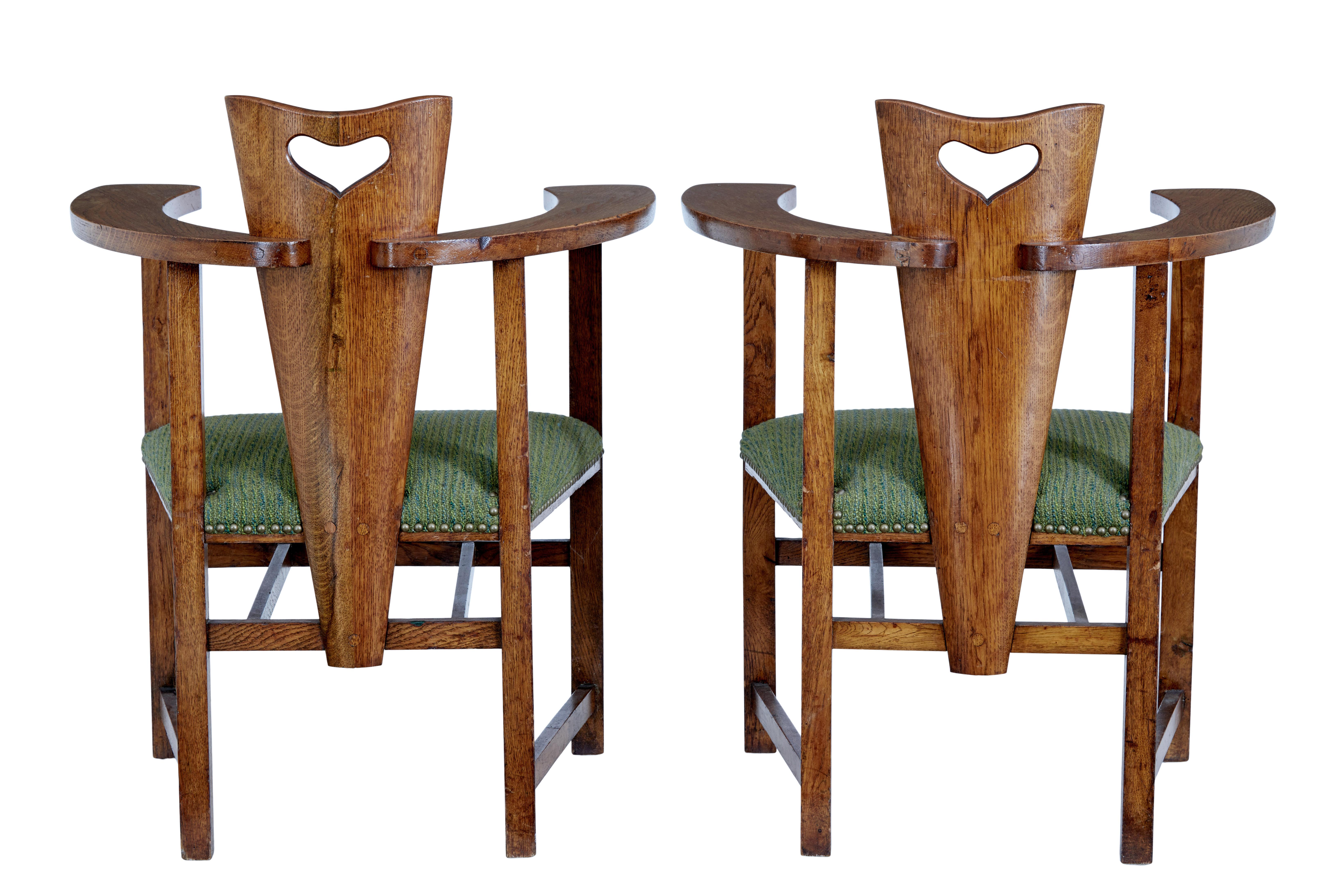 Hand-Carved Pair of 19th Century Oak Arts and Crafts Armchairs