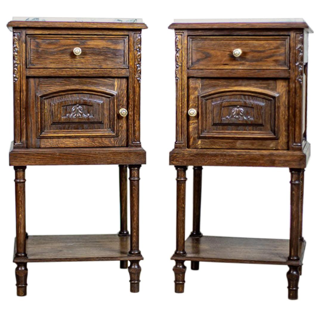 19th Century Victorian Carved Oak Marble Top Nightstands, Pair at 1stDibs
