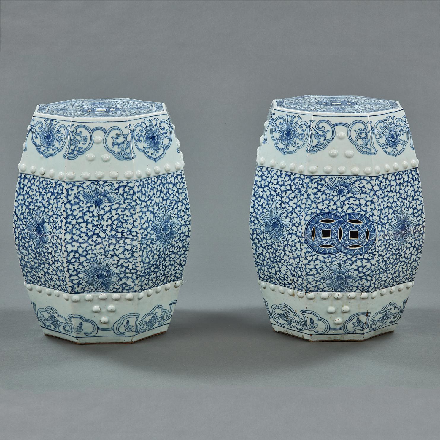 Chinese Export Pair of 19th Century Octagonal Chinese Blue and White Porcelain Garden Seats For Sale