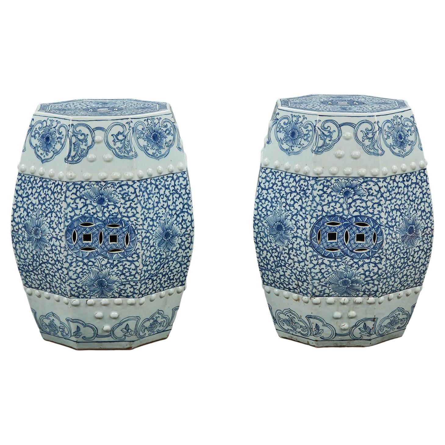 Pair of 19th Century Octagonal Chinese Blue and White Porcelain Garden Seats