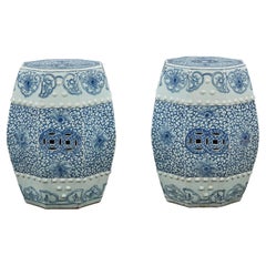 Antique Pair of 19th Century Octagonal Chinese Blue and White Porcelain Garden Seats