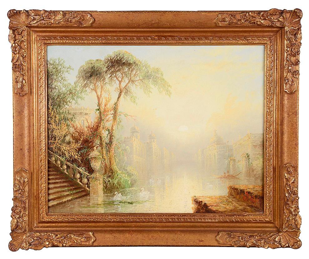 Pair of 19th Century oil on canvas Capriccios paintings of Venice, depicting ruins in an imaginary topographical style.
Signed ; James Salt. British 1850-1903.
