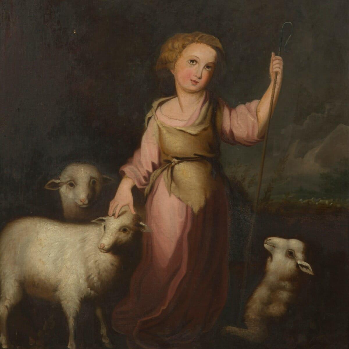 A pair of 19th century oil on canvas paintings featuring a young shepherd girl surrounded by her flock.
