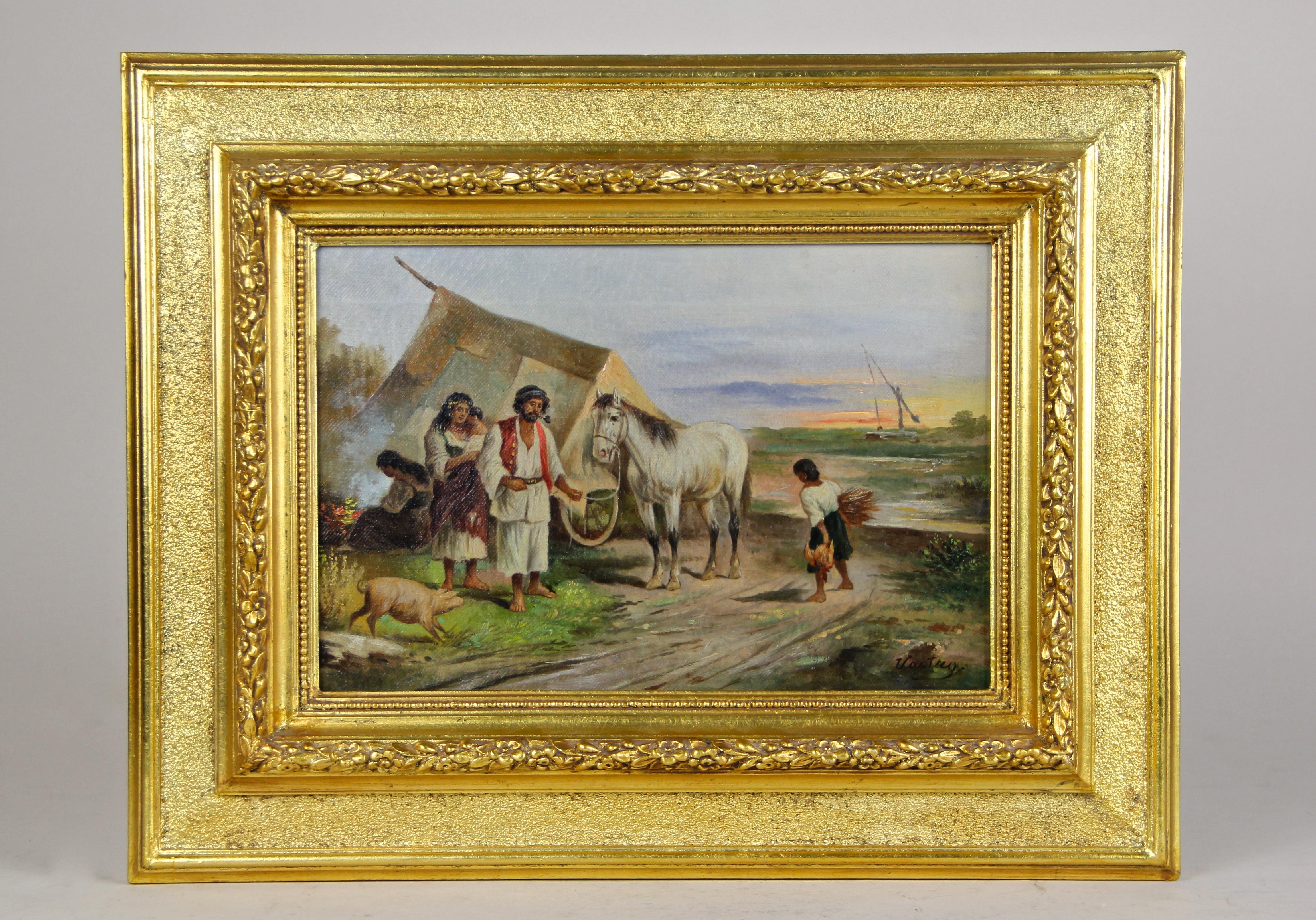 Lovely pair of 19th century oil paintings out of Hungary from circa 1870. Both paintings were signed by the artist and artfully made with love to details. The two different scenes in the Hungarian lowlands show shepherds with their families and come