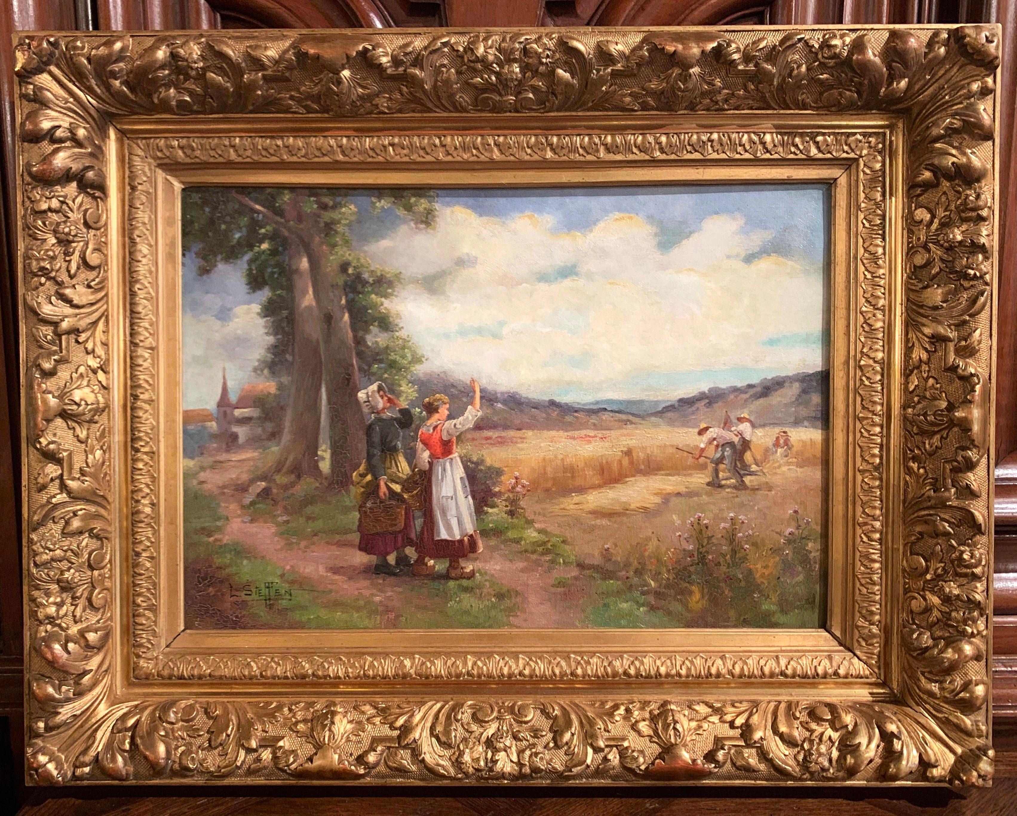 Created in France circa 1880 and set in the original carved giltwood frames, these two colorful paintings depict a pastoral scene with landscape, people and farm animals. One canvas signed Madrazi in the lower right corner, depicts a farmer with his