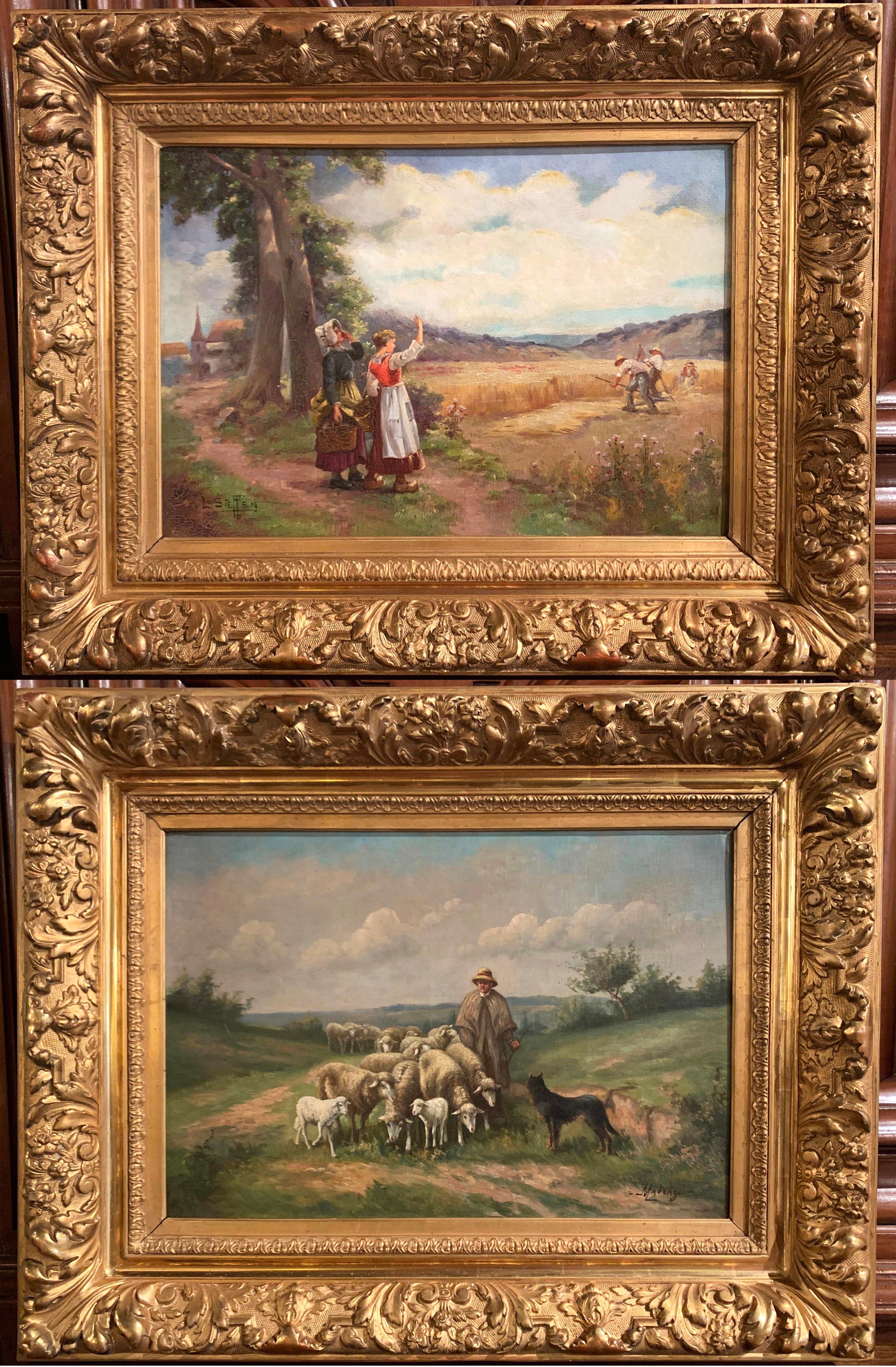 Pair of 19th Century Oil on Canvas Pastoral Paintings in Carved Gilt Frames 1