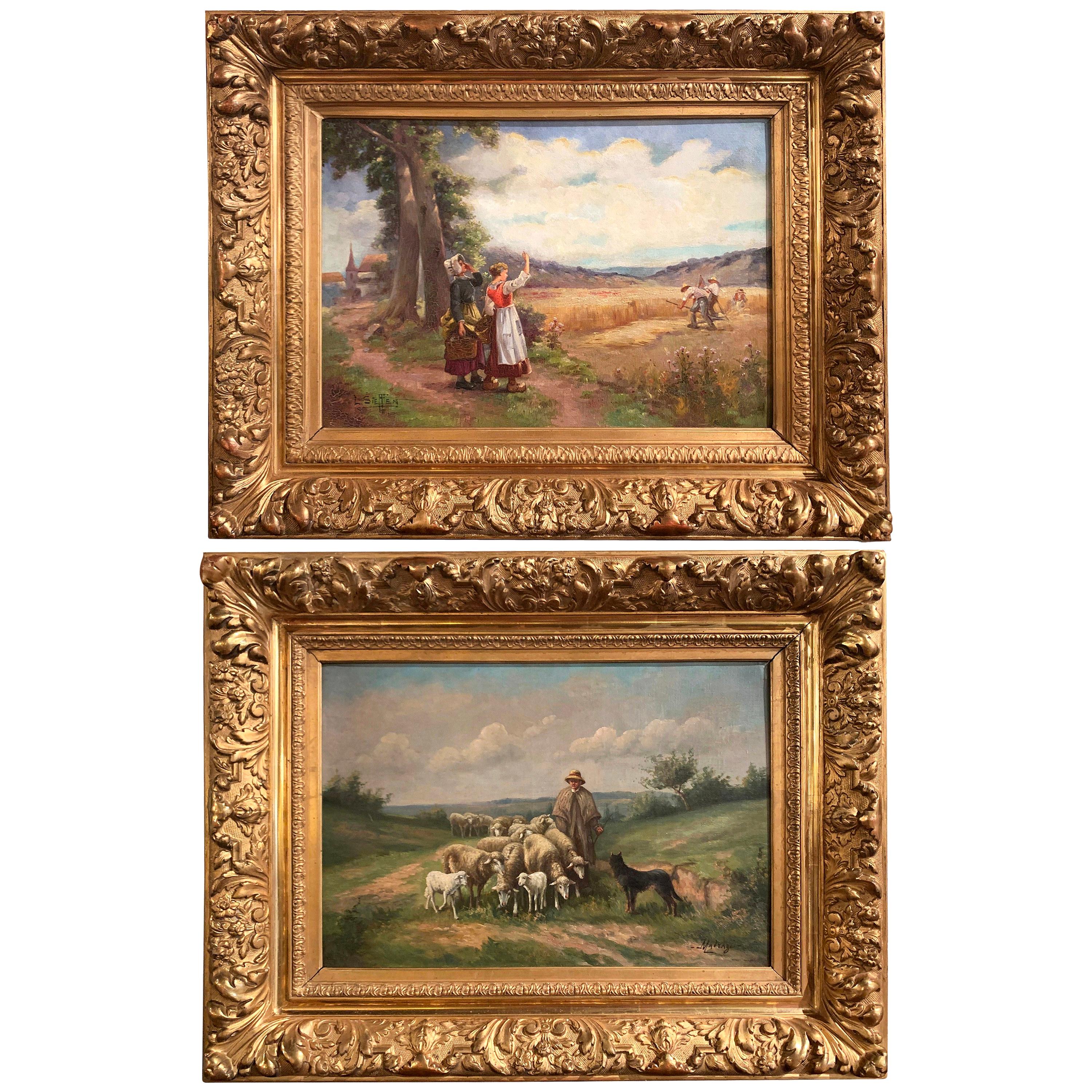 Pair of 19th Century Oil on Canvas Pastoral Paintings in Carved Gilt Frames