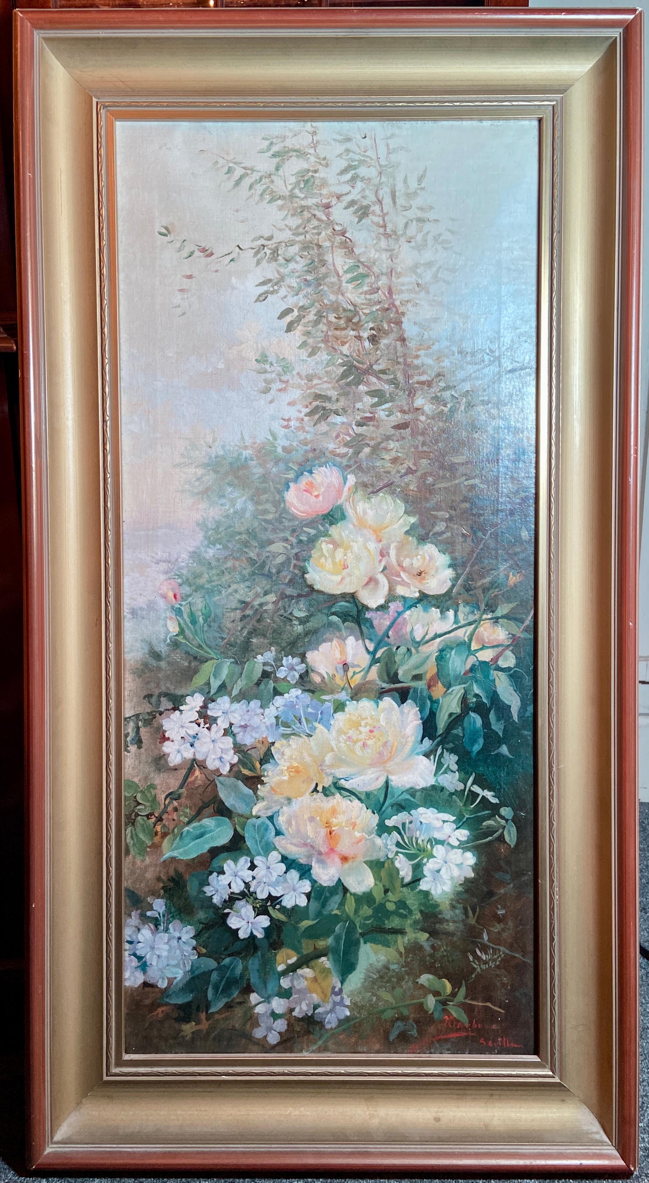 Paire de peintures à l'huile sur toile du 19e siècle représentant des fleurs dans des cadres neufs.