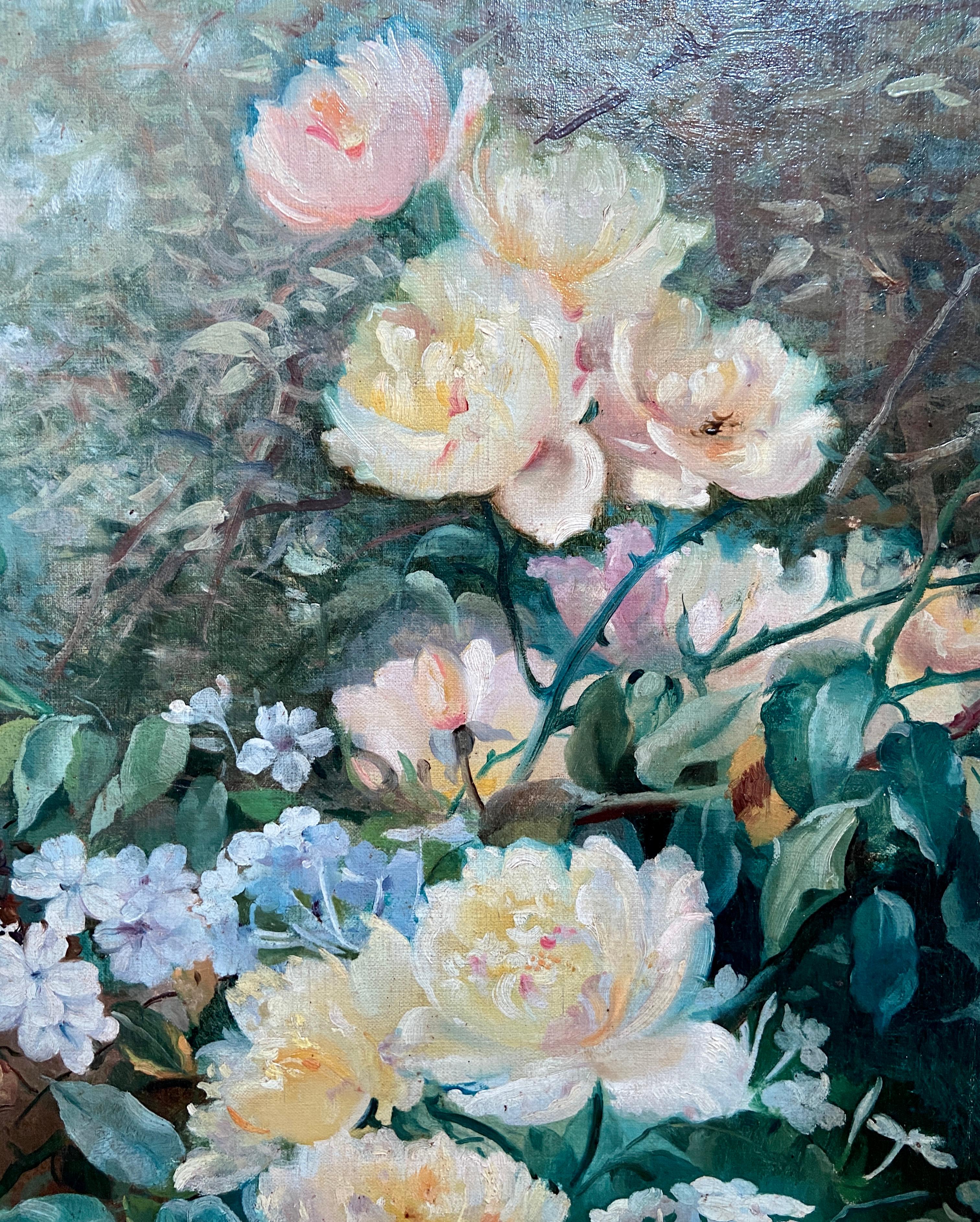 XIXe siècle Paire de peintures à l'huile sur toile du 19ème siècle représentant des fleurs dans de nouveaux cadres en vente