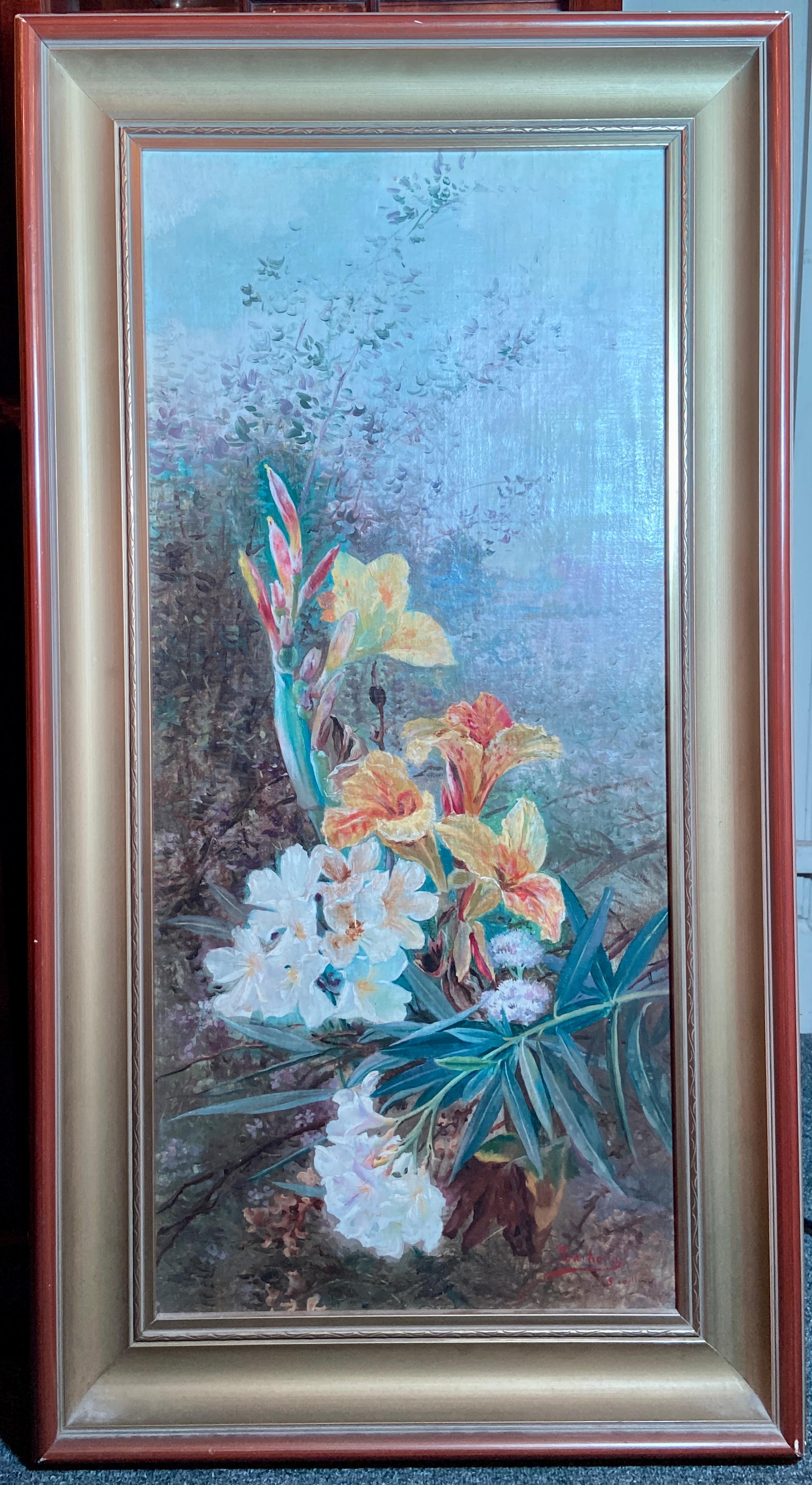 Pair of 19th Century Oil Painting on Canvas of Florals in New Frames For Sale 4