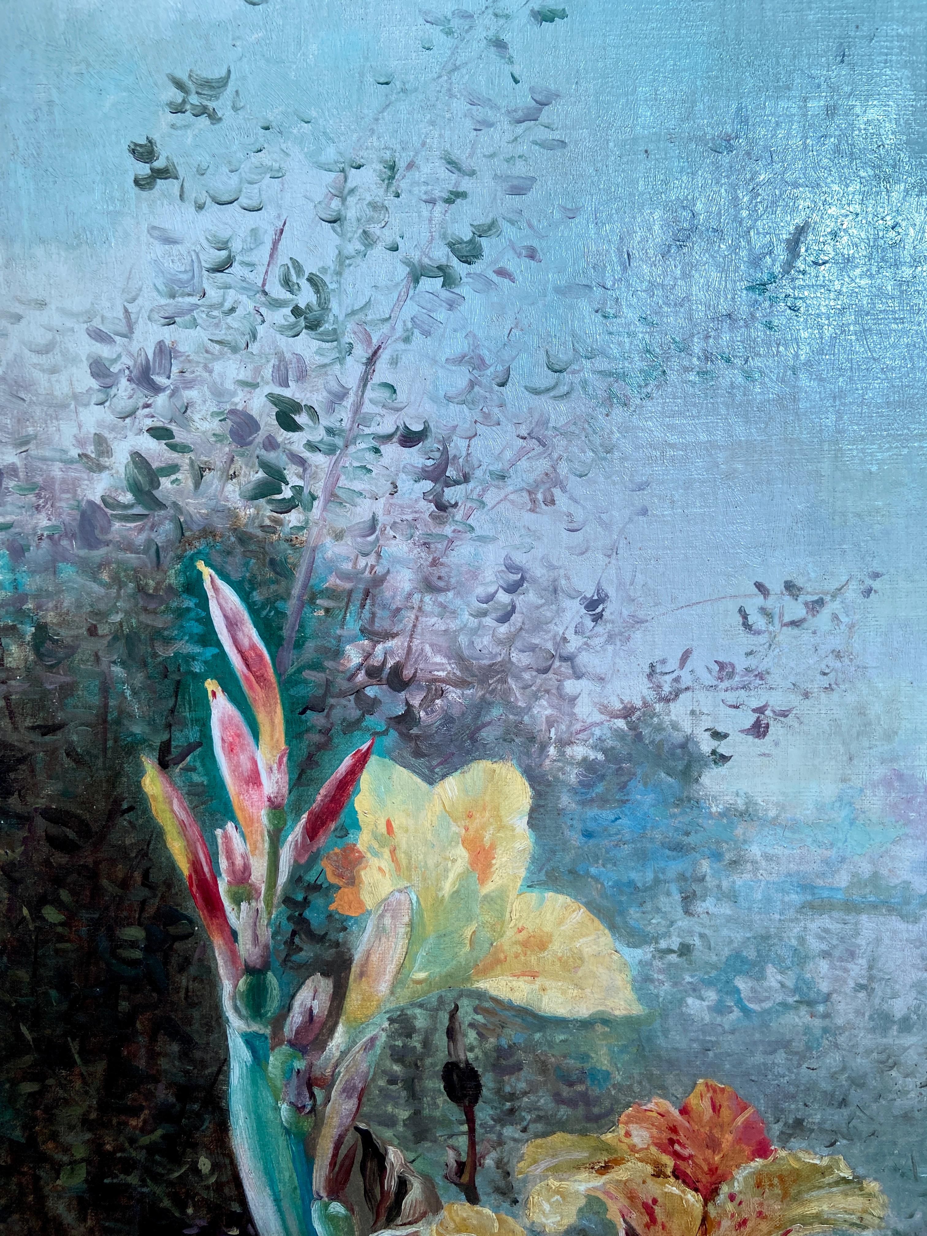 Paire de peintures à l'huile sur toile du 19ème siècle représentant des fleurs dans de nouveaux cadres en vente 3