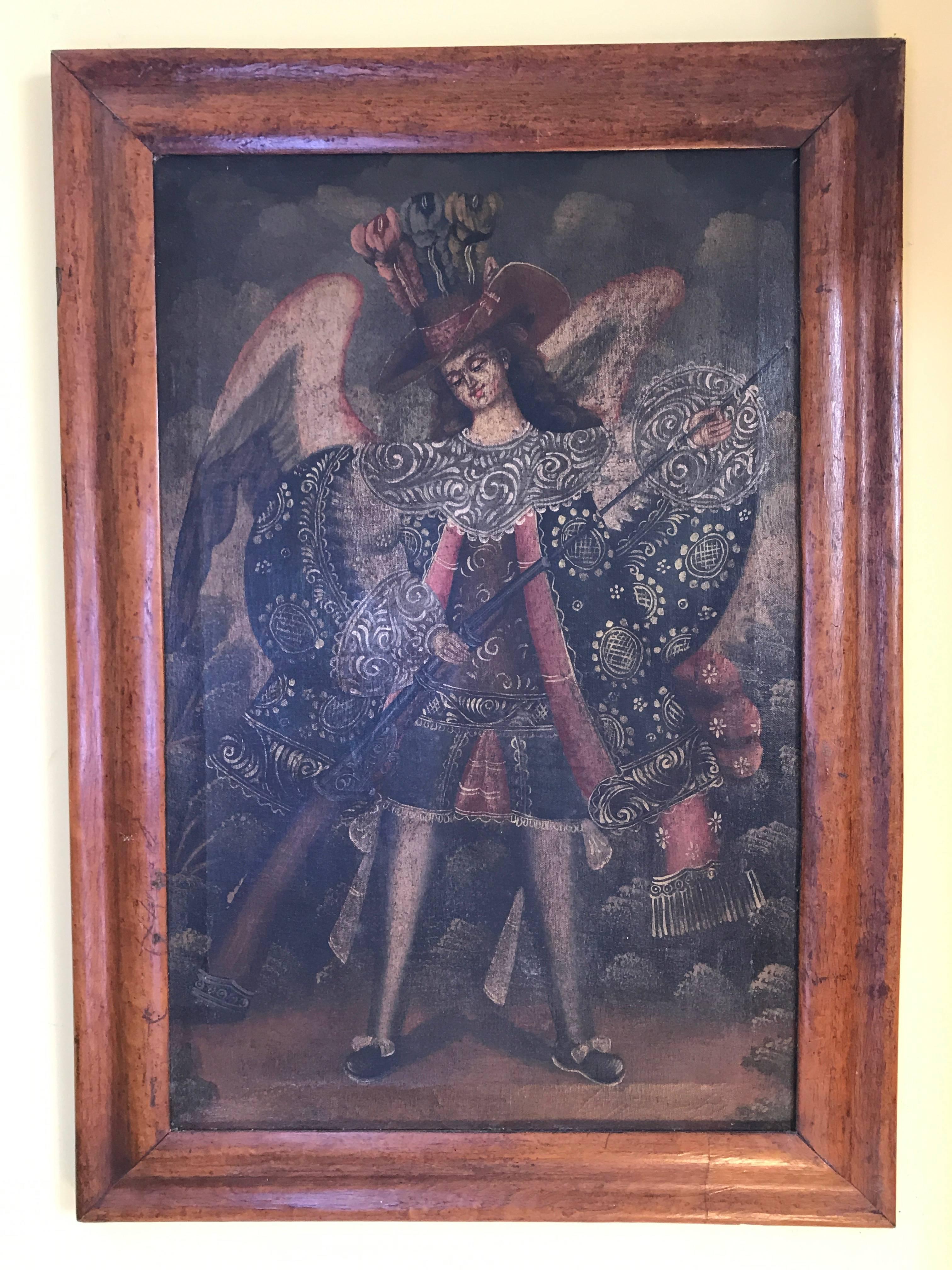 Baroque Pair of 19th Century Oils on Canvas Depicting Two Winged Arc Angels For Sale