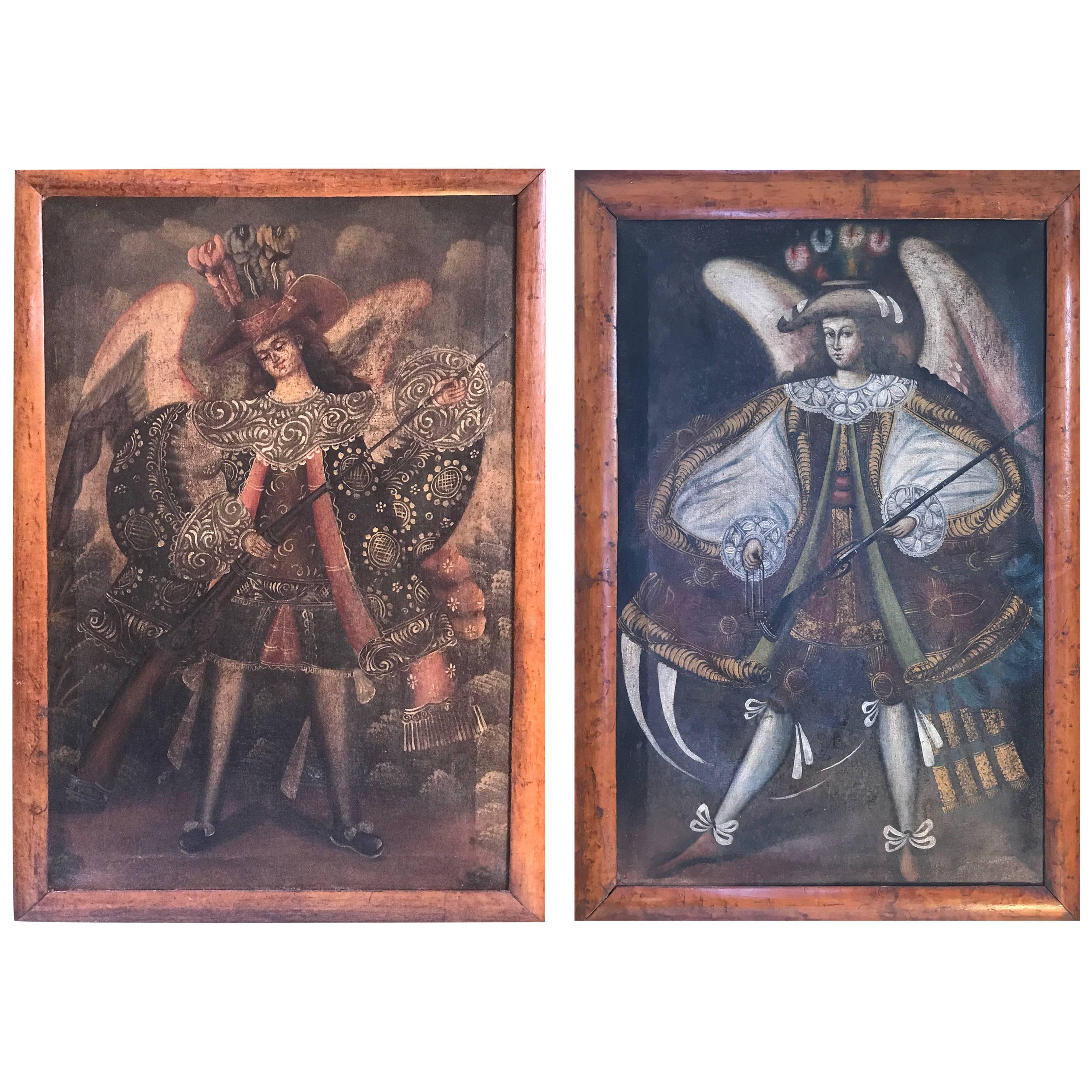 Pair of 19th Century Oils on Canvas Depicting Two Winged Arc Angels For Sale