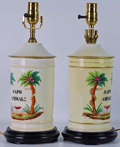 Pair of 19th Century Old Paris Tropical Themed Apothecary Jars Table Lamps