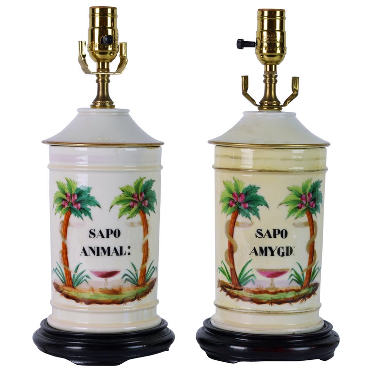 Pair of 19th Century Old Paris Tropical Themed Apothecary Jars Table Lamps