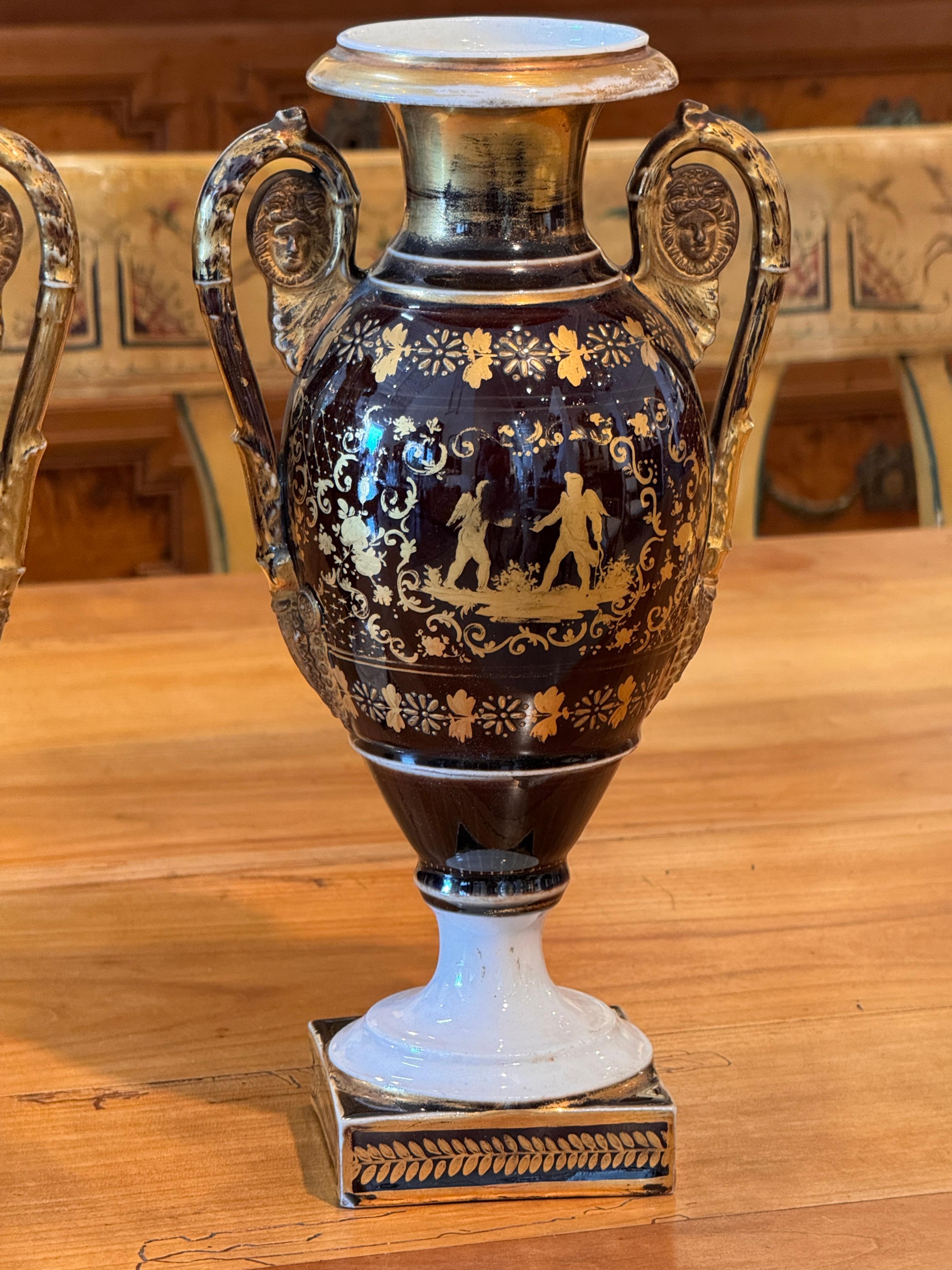 Porcelain Pair of 19th Century Old Paris Urns With Gilt Decoration For Sale