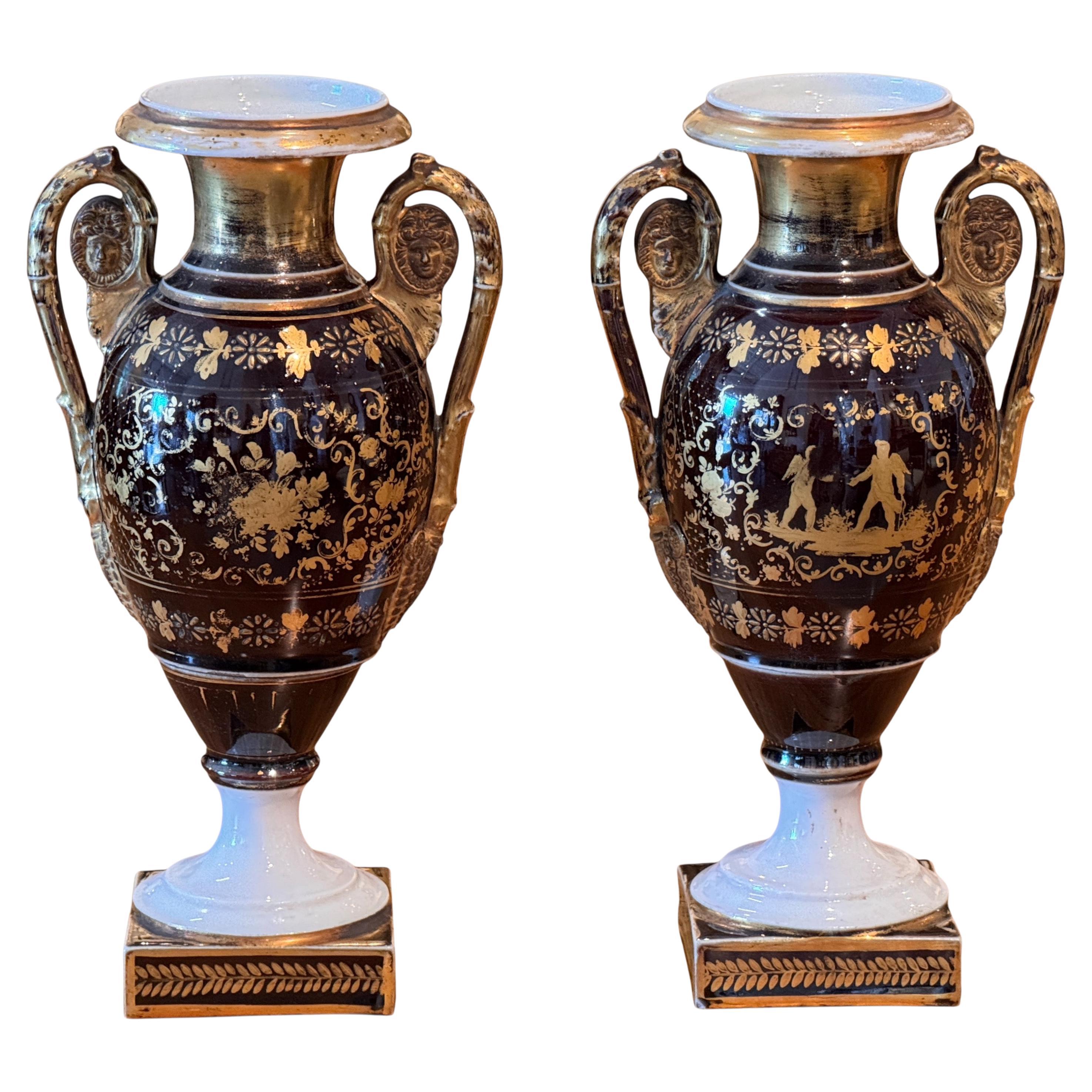 Pair of 19th Century Old Paris Urns With Gilt Decoration For Sale