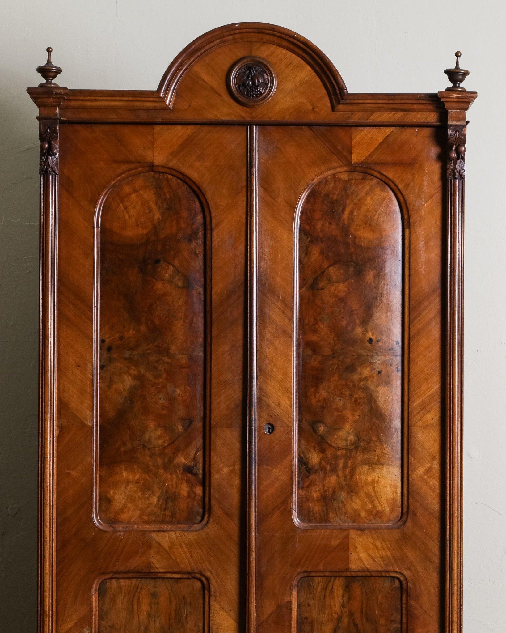 Pair of 19th Century Olive Burlwood & Mahogany Armoires w/ Fruit Carvings For Sale 4
