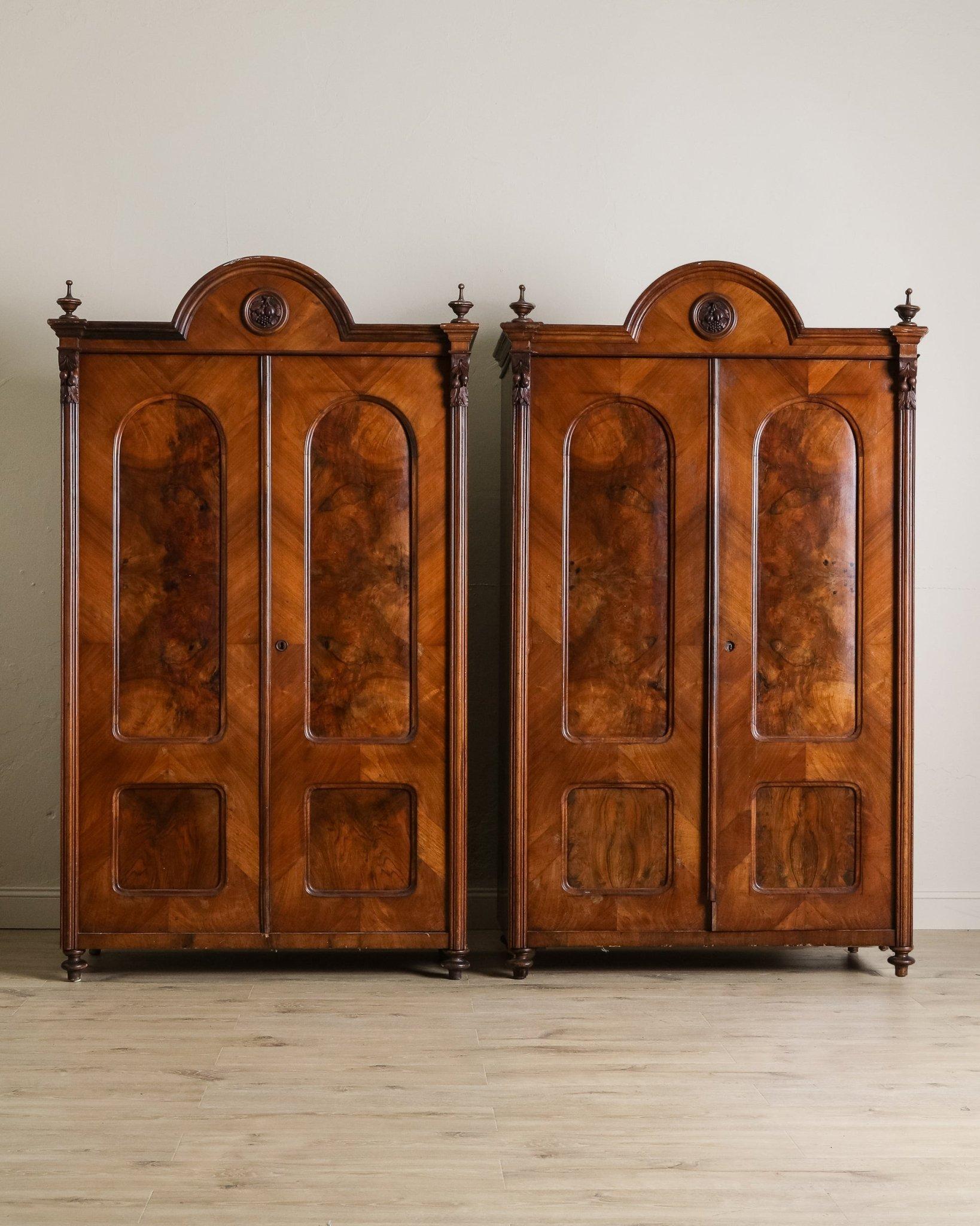 Pair of 19th Century Olive Burlwood & Mahogany Armoires w/ Fruit Carvings For Sale 6