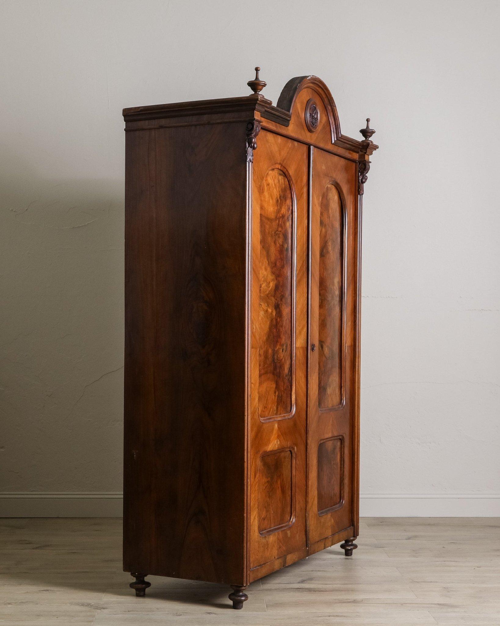 Pair of 19th Century Olive Burlwood & Mahogany Armoires w/ Fruit Carvings For Sale 9