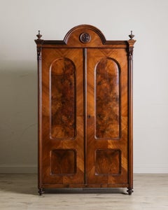 Pair of 19th Century Olive Burlwood & Mahogany Armoires w/ Fruit Carvings