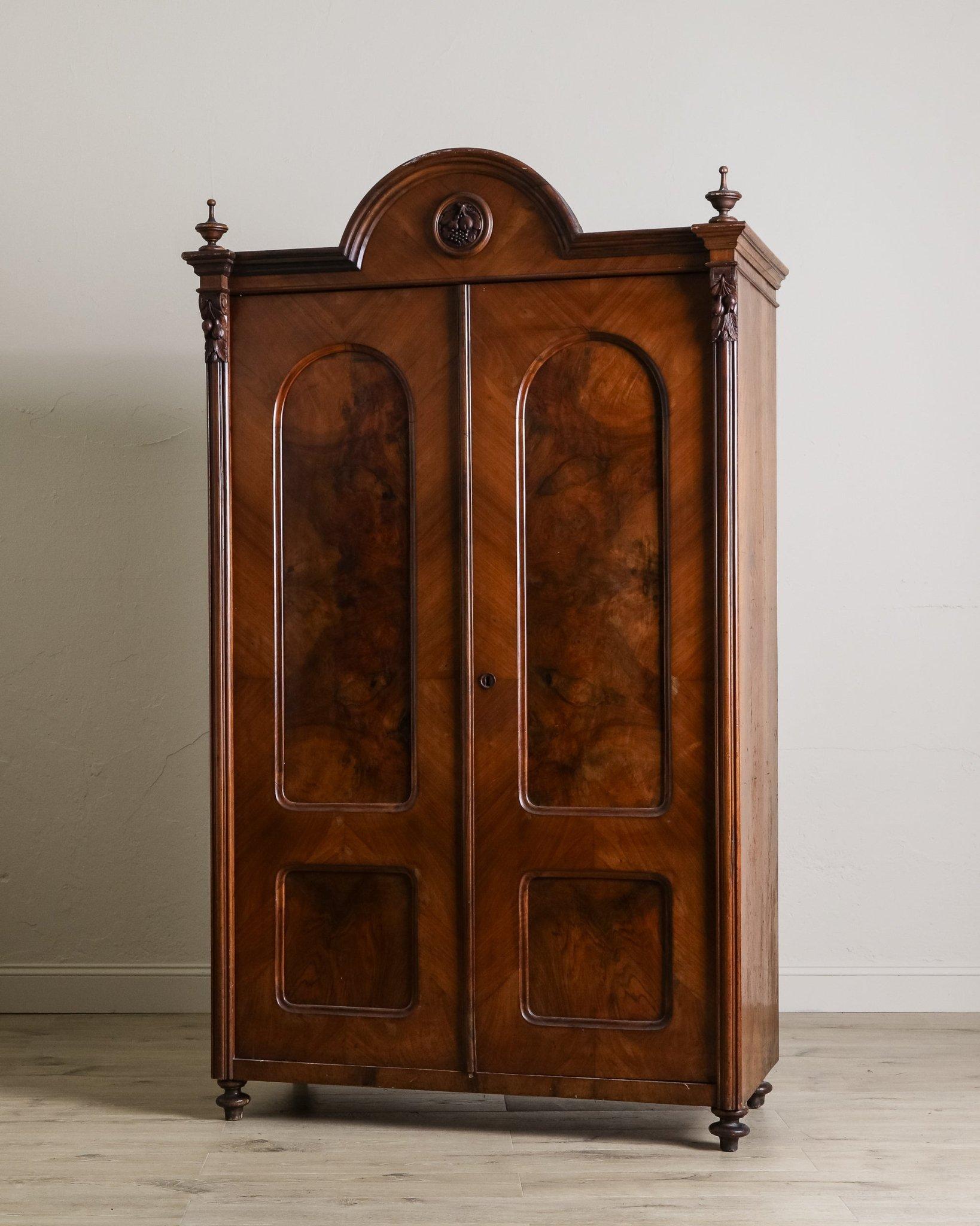 French Provincial Pair of 19th Century Olive Burlwood & Mahogany Armoires w/ Fruit Carvings For Sale